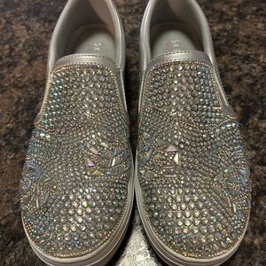 Silver Slip-On Sneakers with Rhinestones